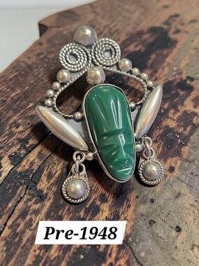 Pre-1948 Mexican Sterling Silver Carved Green Mask Dangle Brooch